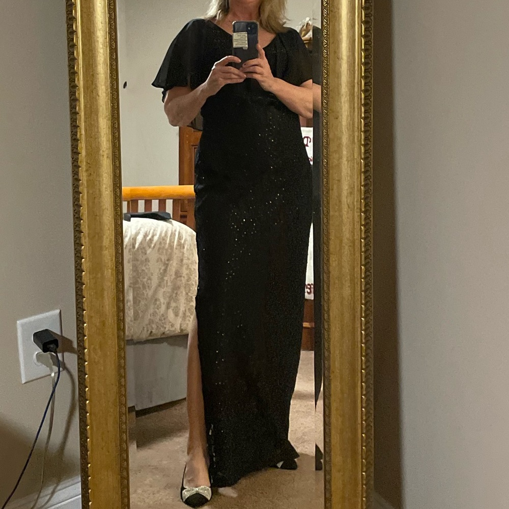 Black lace and sequin evening gown with illusion float collar - size 12
